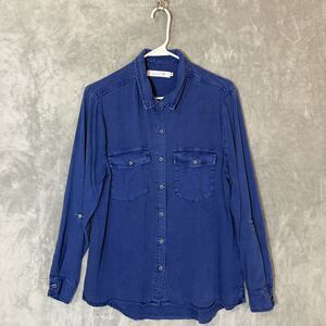 Billy T Royal Blue Shirt M Women Long Sleeve Button Down Roll Tab 100% Lyocell